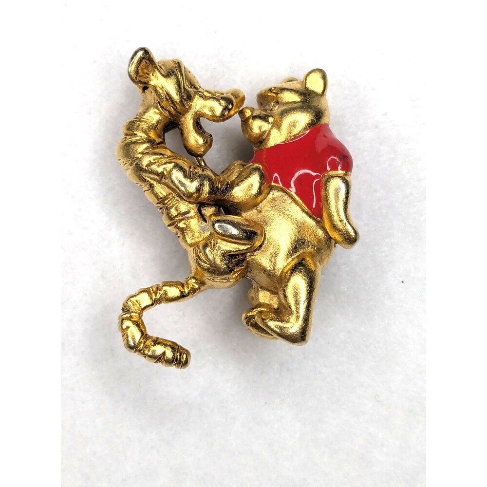 Vintage Disney Tigger & Winnie the Pooh Gold Tone Brooch Pin with Red Enamel